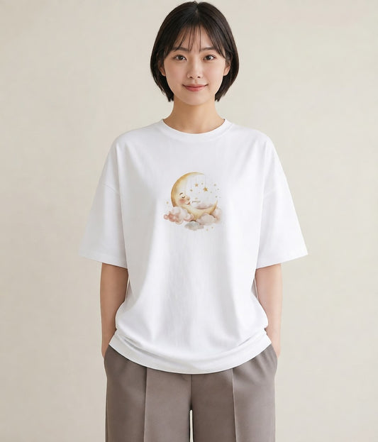 プリントTシャツ レディース 月 星空 宇宙 イラスト きれいめ 社会人 女性 白T YMAZO