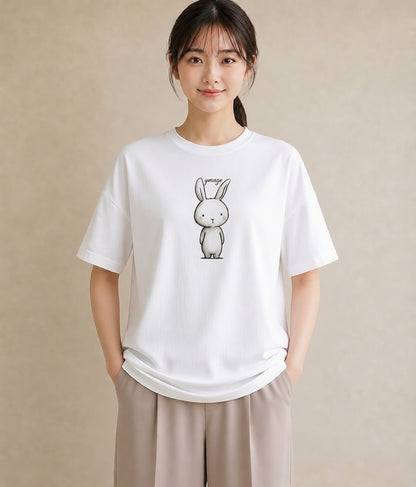半袖Tシャツ レディース ミニうさぎ ペット 動物 イラスト ガーリー レイヤード 友達ギフト 白T YMAZO