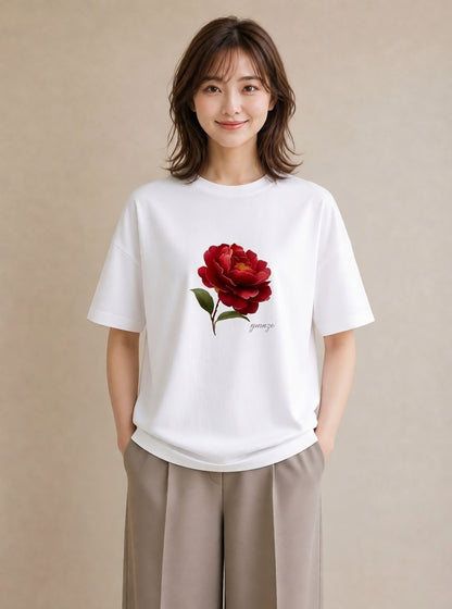 半袖Tシャツ レディース 椿 花 花柄 イラスト ユニーク 女性 旅行用 白T