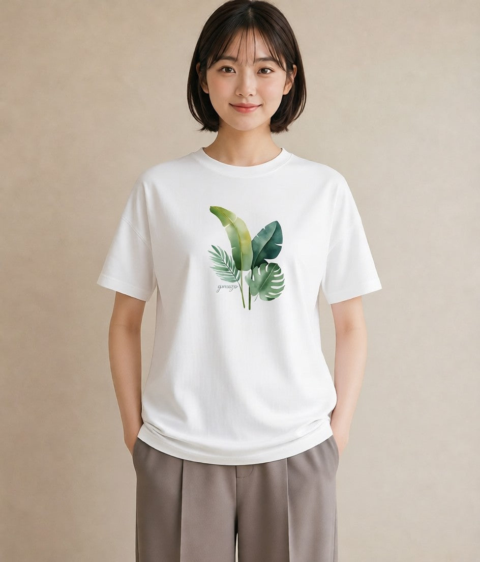 Tシャツ レディース モンステラ 植物 ボタニカル イラスト ラフカジュアル 春服 ミセス 白T YMAZO