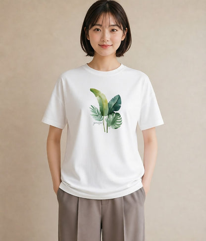 Tシャツ レディース モンステラ 植物 ボタニカル イラスト ラフカジュアル 春服 ミセス 白T YMAZO