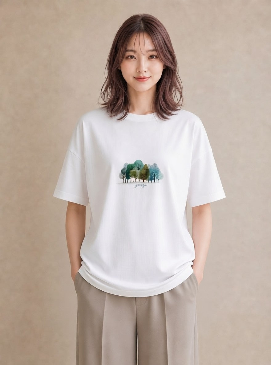 プリントTシャツ レディース 森 植物 ボタニカル イラスト ラフ 綿100 デート 白T YMAZO