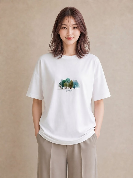 プリントTシャツ レディース 森 植物 ボタニカル イラスト ラフ 綿100 デート 白T YMAZO