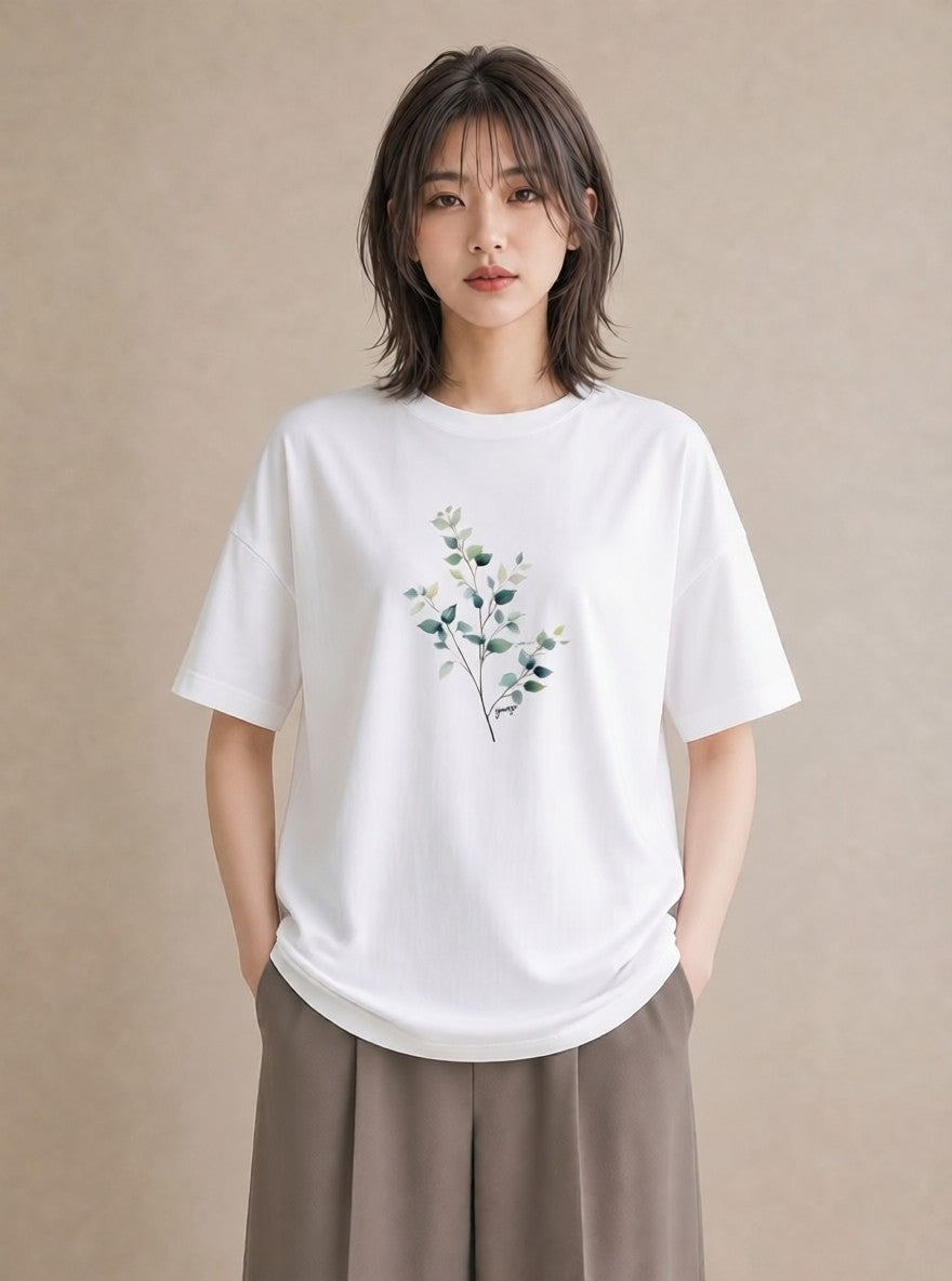 Tシャツ レディース 新緑 植物 ボタニカル イラスト ゆるコーデ カフェ巡り 女子会 白T YMAZO