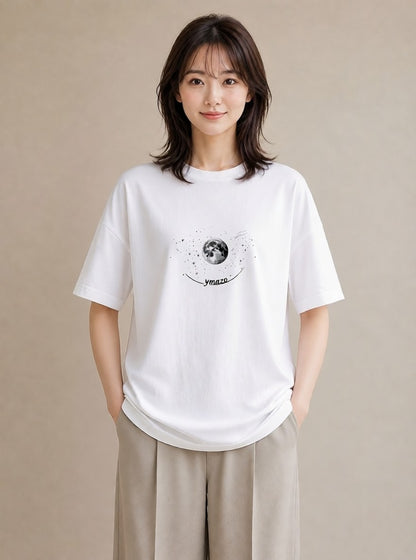 半袖Tシャツ レディース 月と星 星空 ムーン イラスト ゆるコーデ 散歩 お出かけ 白T YMAZO