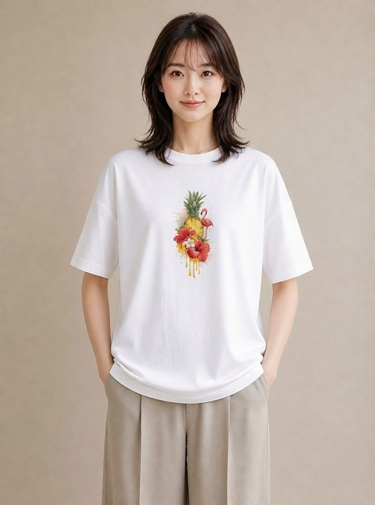 Tシャツ レディース パイナップル 食べ物 フード イラスト 散歩 お出かけ 白T YMAZO