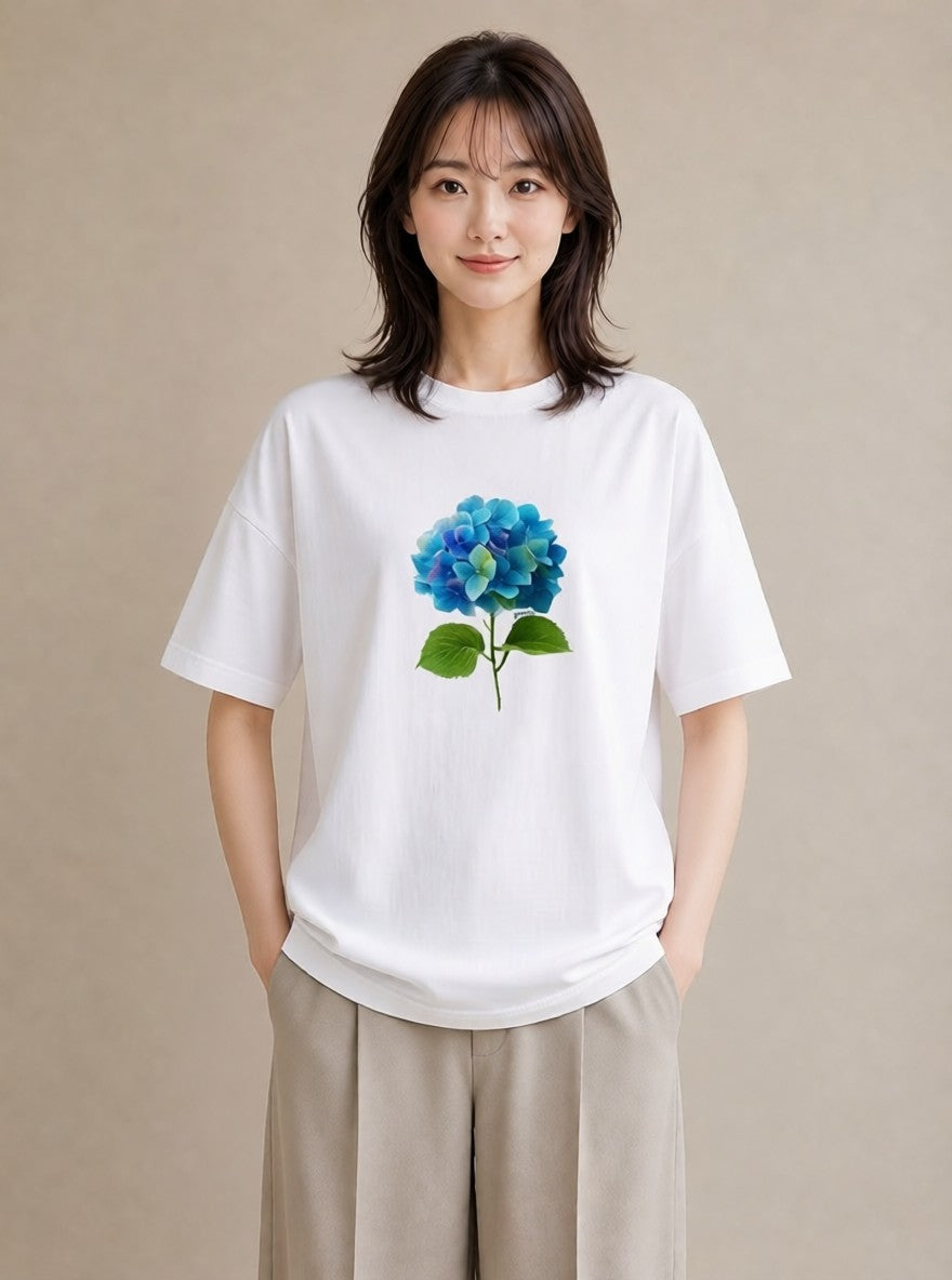 半袖Tシャツ レディース あじさい 紫陽花 アジサイ 花 花柄 イラスト 可愛い 自分用 ルームウェア 白T YMAZO