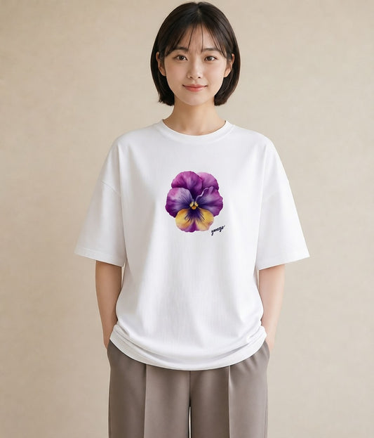 Tシャツ レディース スミレ 花 花柄 イラスト ヴィンテージ風 海 カフェ巡り 白T YMAZO