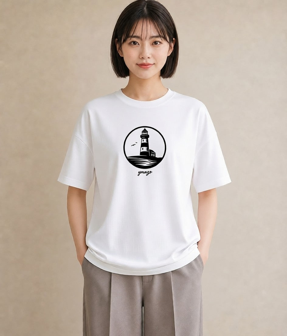 半袖Tシャツ レディース 灯台 霧 海 ナチュラル アンティーク イラスト 可愛い デート 帰省 白T YMAZO