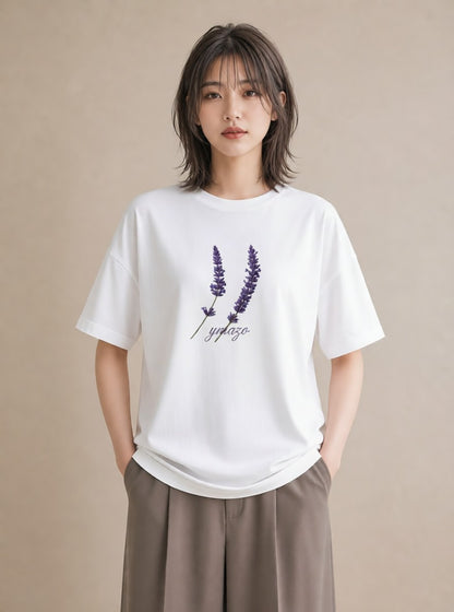 Tシャツ レディース ラベンダー 花 花柄 イラスト 線画 ママ カフェ服 白T