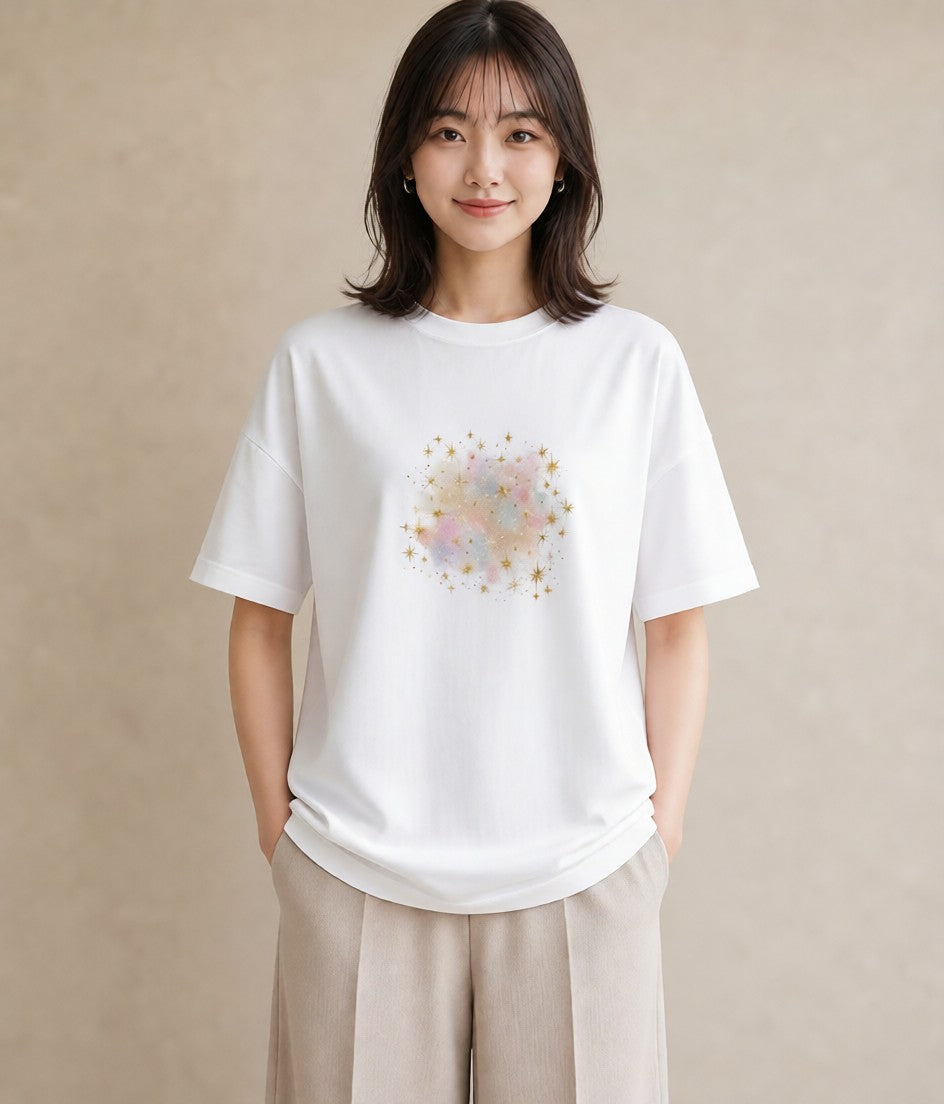 デザインTシャツ レディース 獅子座 星空 宇宙 イラスト アート風 買い物 夏コーデ 白T YMAZO