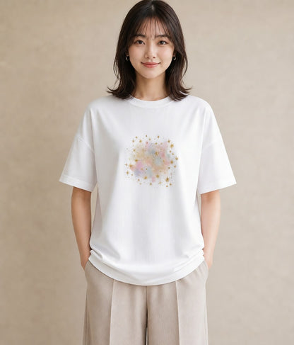 デザインTシャツ レディース 獅子座 星空 宇宙 イラスト アート風 買い物 夏コーデ 白T YMAZO