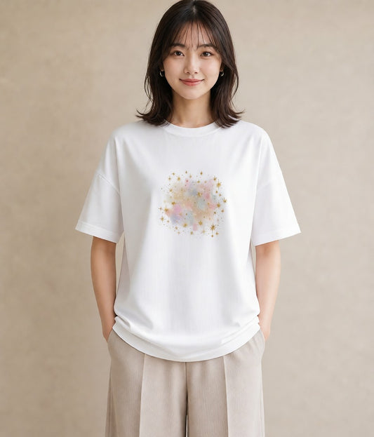 デザインTシャツ レディース 獅子座 星空 宇宙 イラスト アート風 買い物 夏コーデ 白T YMAZO