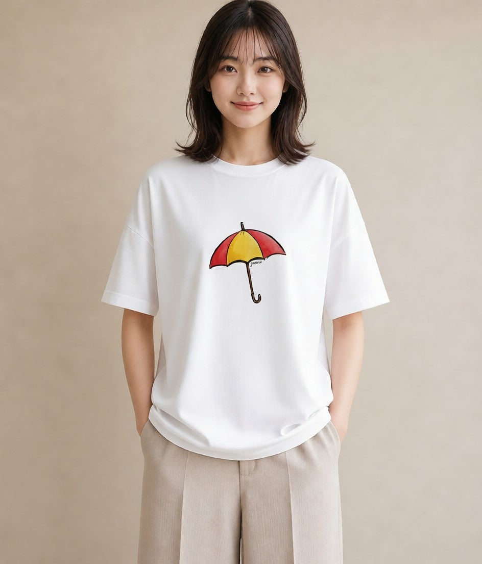 半袖Tシャツ レディース 傘 水たまり 雨 ナチュラル アンティーク イラスト こなれ感 部屋着 女性向けギフト 白T YMAZO
