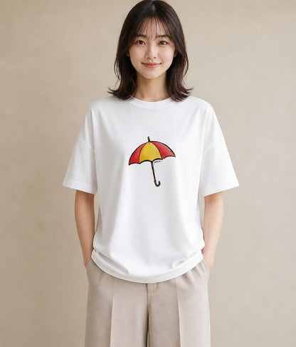 半袖Tシャツ レディース 傘 水たまり 雨 ナチュラル アンティーク イラスト こなれ感 部屋着 女性向けギフト 白T YMAZO