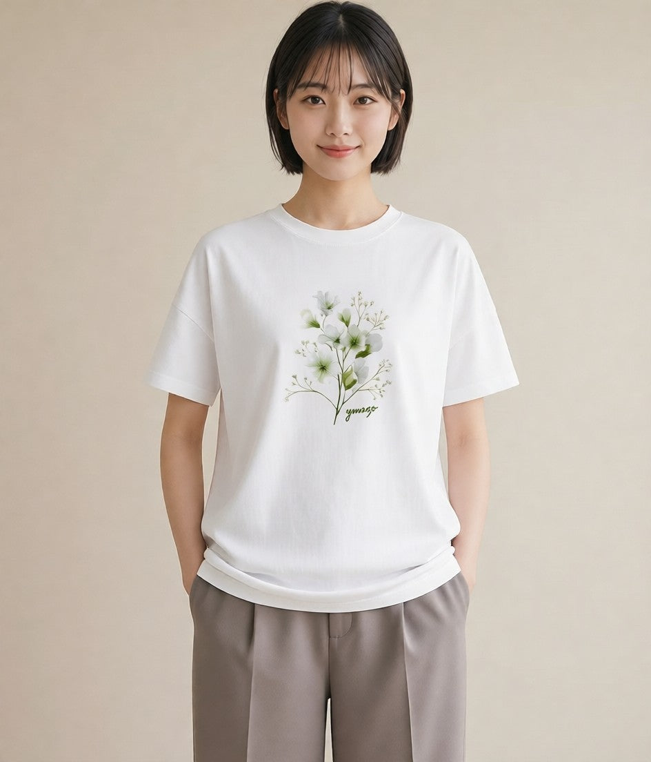 グラフィックTシャツ レディース カスミソウ かすみ草 花 花柄 イラスト 手描き風 お出かけ 普段着 白T YMAZO