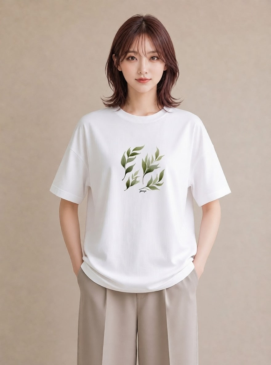 半袖Tシャツ レディース ユーカリ 植物 ボタニカル イラスト ニュアンス 秋コーデ おしゃれギフト 白T YMAZO