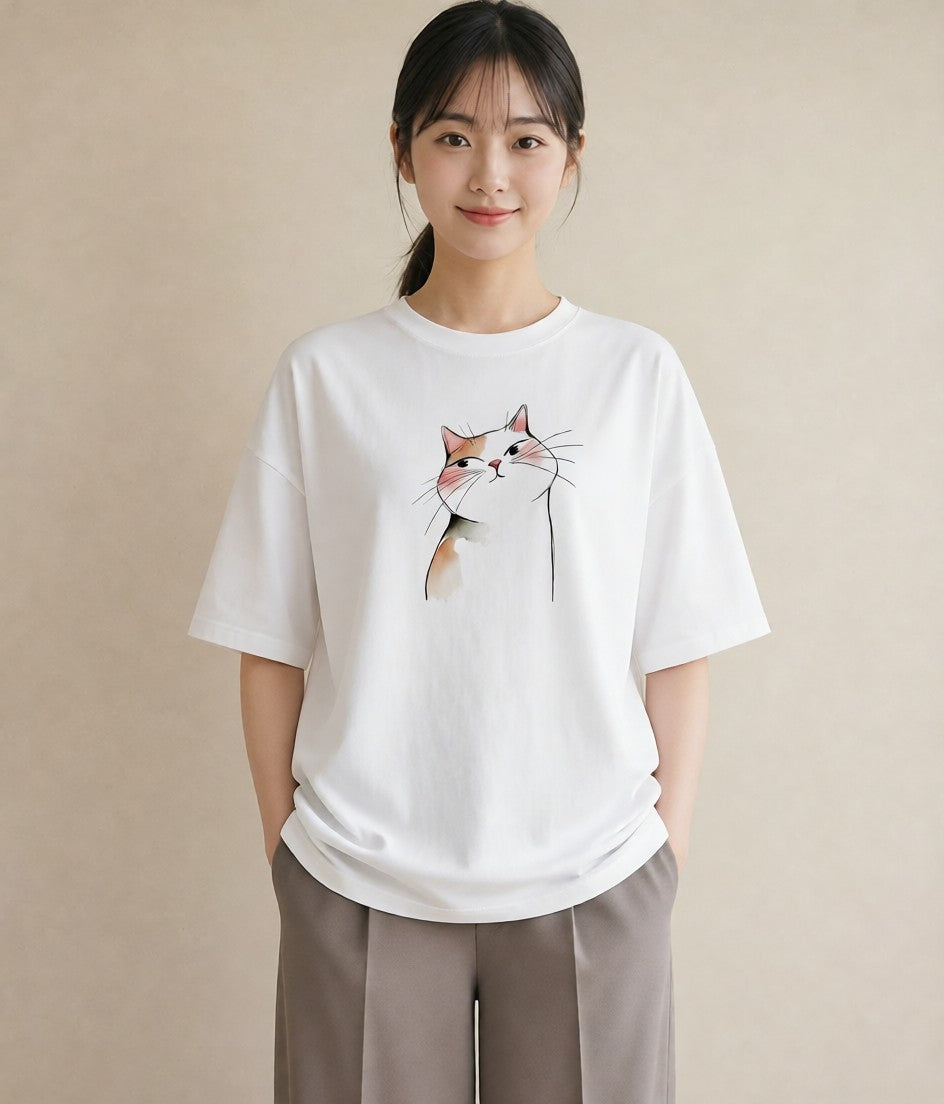デザインTシャツ レディース エキゾチックショートヘア 猫 ねこ イラスト ルームウェア ギフト 白T YMAZO