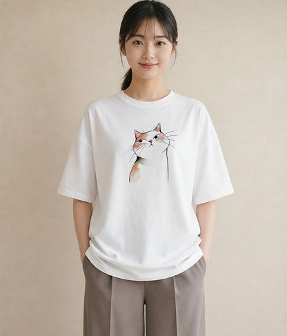 デザインTシャツ レディース エキゾチックショートヘア 猫 ねこ イラスト ルームウェア ギフト 白T YMAZO