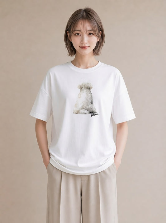 Tシャツ レディース ビションフリーゼ 犬 いぬ イラスト 上品 ラフ レイヤード 白T YMAZO