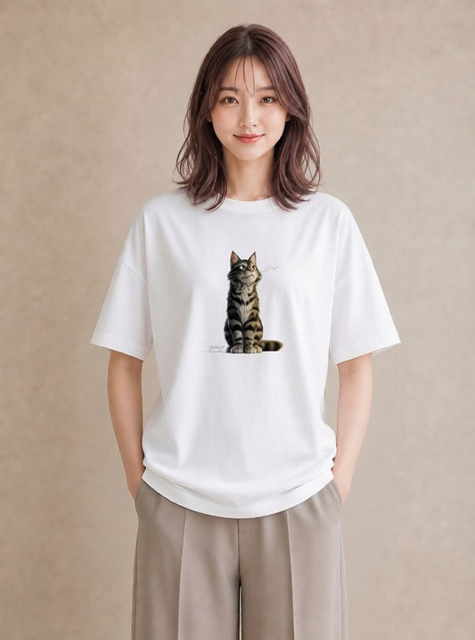 Tシャツ レディース サバトラ 猫 ねこ イラスト ラフ レイヤード 白T YMAZO