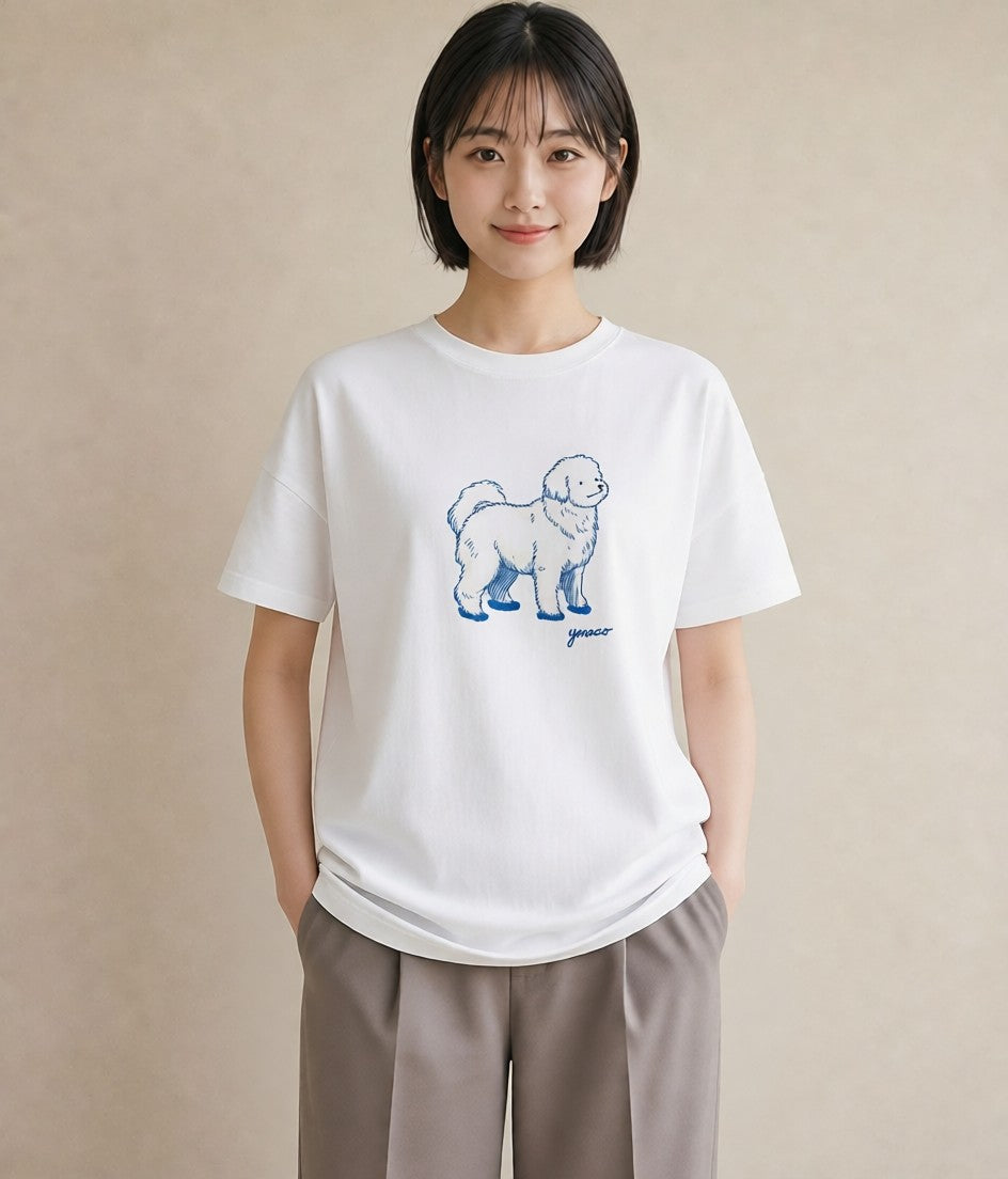 半袖Tシャツ レディース ビションフリーゼ 犬 いぬ イラスト 北欧風 海 カフェ巡り 白T YMAZO