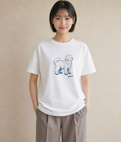 半袖Tシャツ レディース ビションフリーゼ 犬 いぬ イラスト 北欧風 海 カフェ巡り 白T YMAZO