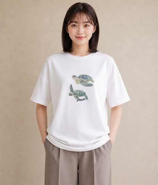 半袖Tシャツ レディース ゼニガメ ペット 動物 イラスト 親子 20代 白T YMAZO