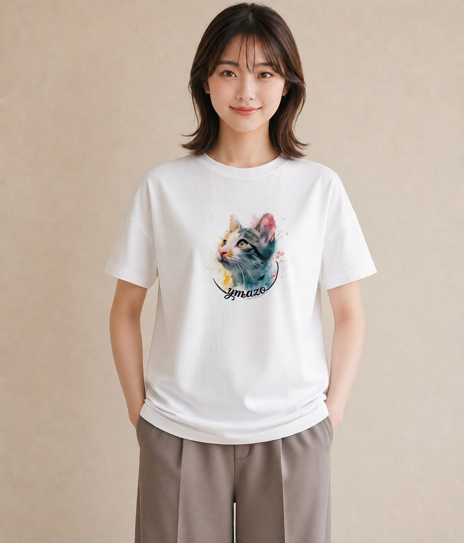 プリントTシャツ レディース 愛猫 猫 ねこ イラスト カフェコーデ 母娘コーデ 自分用 白T YMAZO