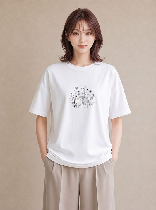 プリントTシャツ レディース 小花 花 フラワー イラスト ラフ 普段着 週末コーデ 白T YMAZO