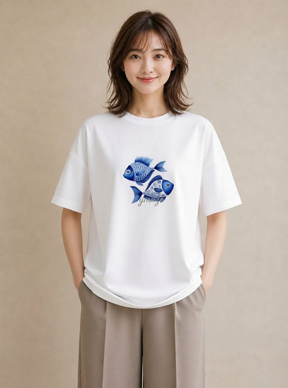グラフィックTシャツ レディース 熱帯魚 ペット 動物 イラスト 春服 ミセス 白T YMAZO