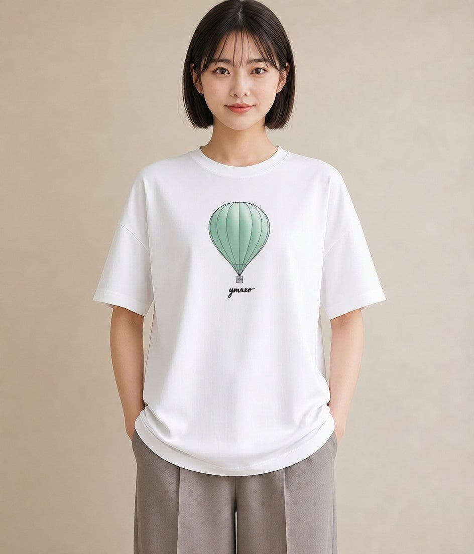 半袖Tシャツ レディース 紙風船 和紙 ナチュラル アンティーク イラスト アート風 買い物 夏コーデ 白T YMAZO