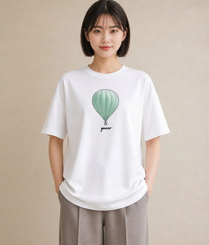 半袖Tシャツ レディース 紙風船 和紙 ナチュラル アンティーク イラスト アート風 買い物 夏コーデ 白T YMAZO
