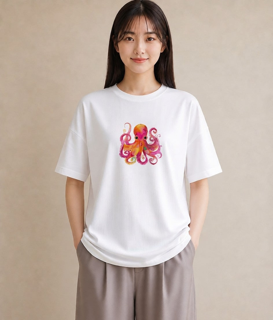 Tシャツ レディース タコ 海の生き物 海 イラスト フェミニン 自分用 ルームウェア 白T YMAZO