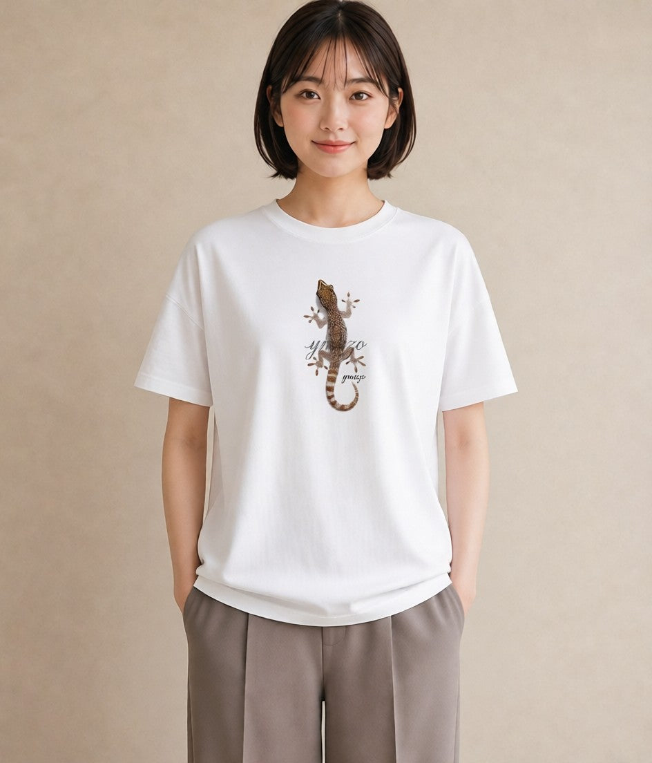プリントTシャツ レディース レオパ ペット 動物 イラスト 北欧風 カフェ巡り 女子会 白T YMAZO