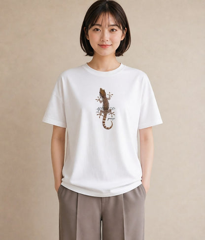 プリントTシャツ レディース レオパ ペット 動物 イラスト 北欧風 カフェ巡り 女子会 白T YMAZO