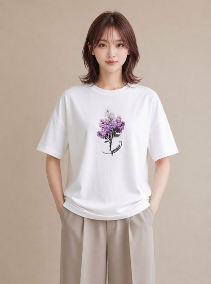 プリントTシャツ レディース ラベンダー 花 花柄 イラスト ガーリー 春服 ミセス 白T
