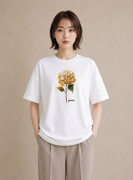 デザインTシャツ レディース あじさい 紫陽花 アジサイ 花 花柄 イラスト シンプル 海 カフェ巡り 白T YMAZO