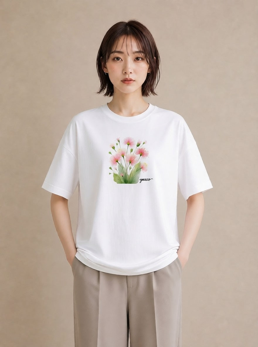 グラフィックTシャツ レディース クローバー 四つ葉 花 花柄 イラスト 線画 デート 帰省 白T YMAZO