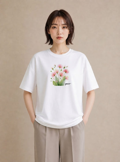 グラフィックTシャツ レディース クローバー 四つ葉 花 花柄 イラスト 線画 デート 帰省 白T YMAZO