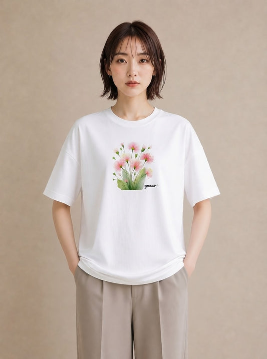 グラフィックTシャツ レディース クローバー 四つ葉 花 花柄 イラスト 線画 デート 帰省 白T YMAZO