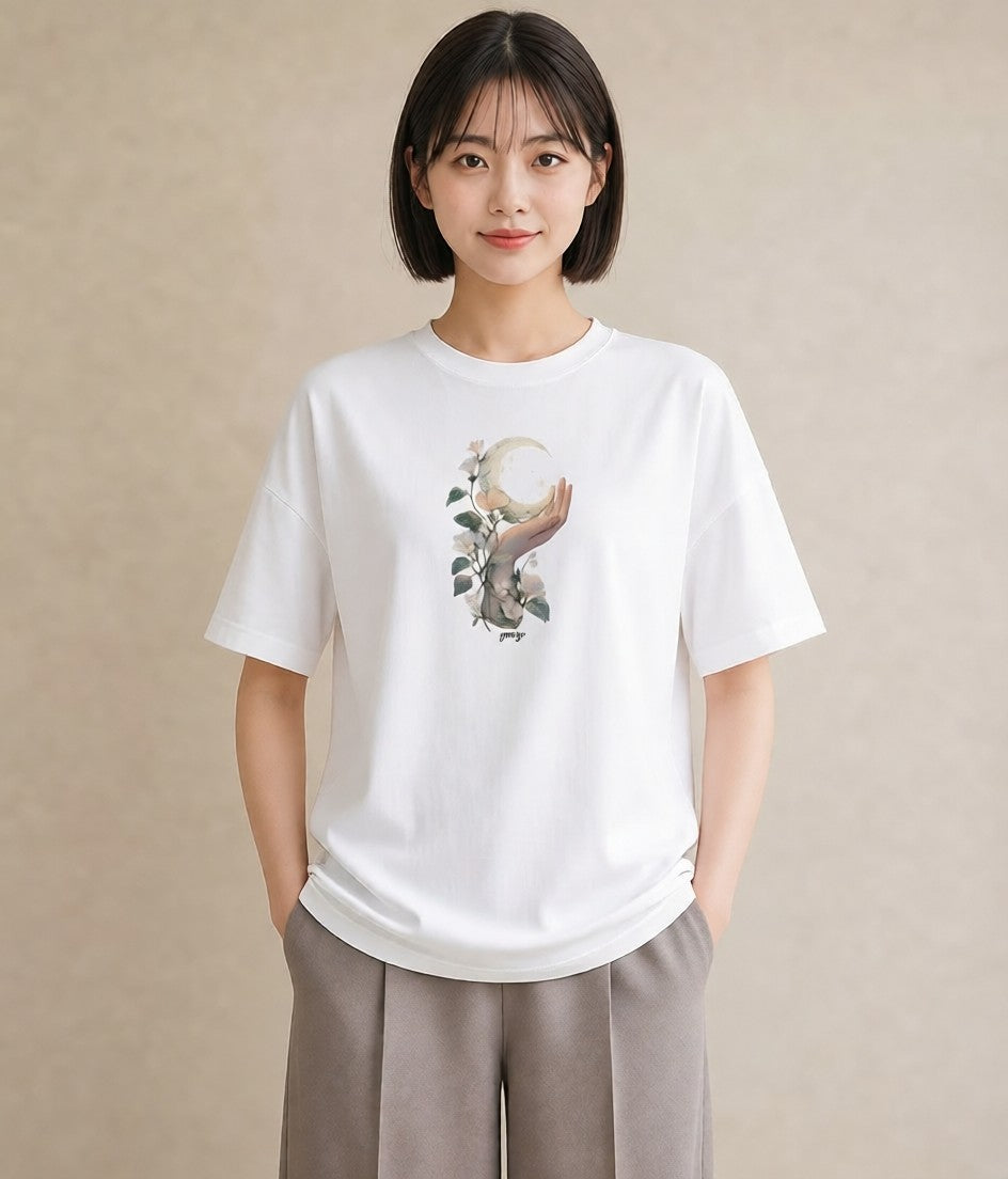 半袖Tシャツ レディース 三日月 星空 宇宙 イラスト 北欧風 女性向けギフト 散歩 白T YMAZO