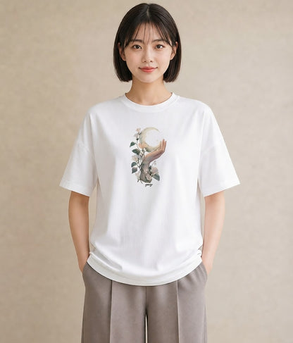半袖Tシャツ レディース 三日月 星空 宇宙 イラスト 北欧風 女性向けギフト 散歩 白T YMAZO