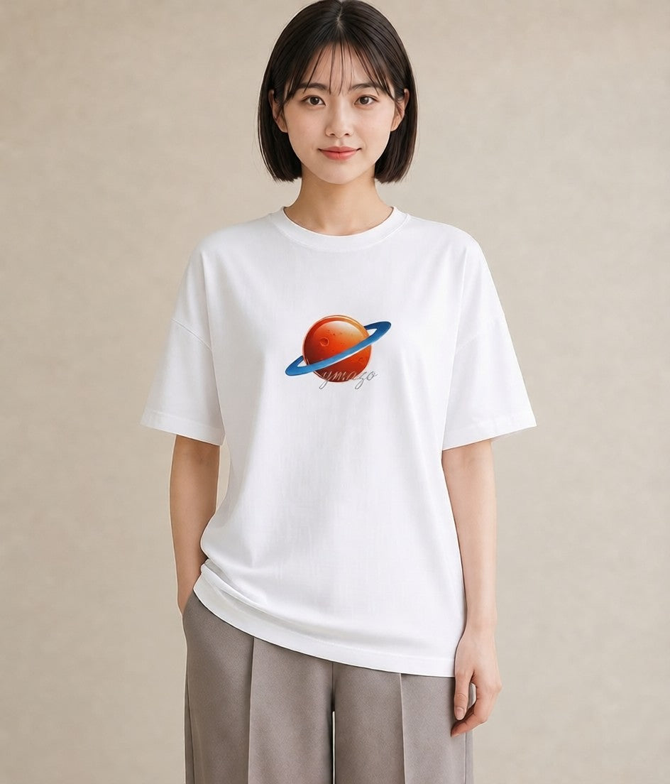 プリントTシャツ レディース 土星 星空 宇宙 イラスト ヴィンテージ風 在宅 公園 白T YMAZO
