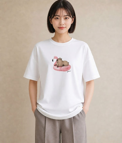 半袖Tシャツ レディース カピバラ かぴばら 動物 アニマル イラスト ニュアンス 親子 20代 白T YMAZO
