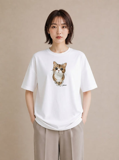 半袖Tシャツ レディース 三毛猫 みけねこ 三毛 猫 ねこ イラスト ガーリー 誕生日プレゼント 綿100 白T YMAZO