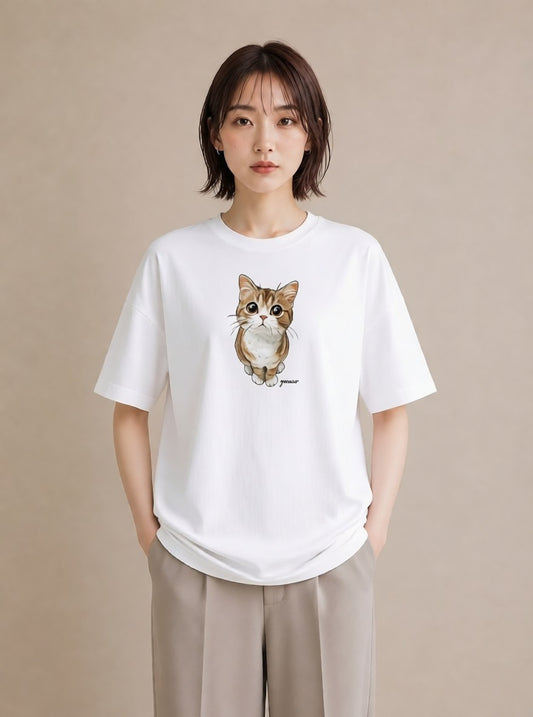 半袖Tシャツ レディース 三毛猫 みけねこ 三毛 猫 ねこ イラスト ガーリー 誕生日プレゼント 綿100 白T YMAZO