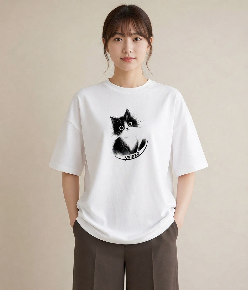 グラフィックTシャツ レディース 靴下猫 猫 ねこ イラスト ボタニカル お出かけ 普段着 白T YMAZO