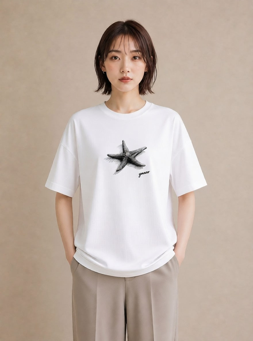 Tシャツ レディース ヒトデ 海の生き物 海 イラスト ラフカジュアル 公園 ママ 白T YMAZO