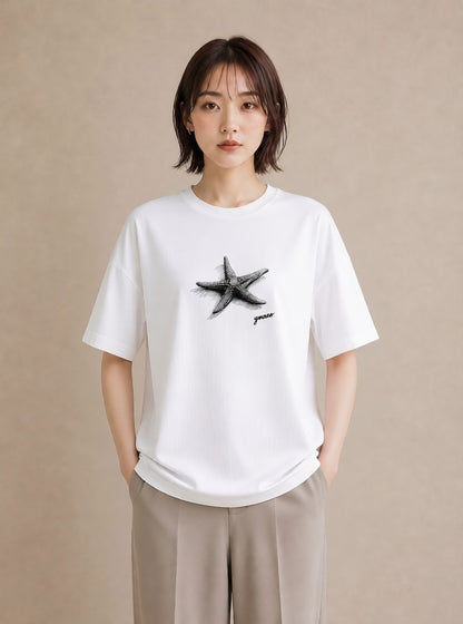 Tシャツ レディース ヒトデ 海の生き物 海 イラスト ラフカジュアル 公園 ママ 白T YMAZO